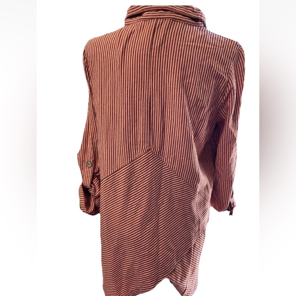 Soft Surroundings Women L Orange Striped Shirt Button Down Sasha Top Roll Tab - Picture 2 of 9